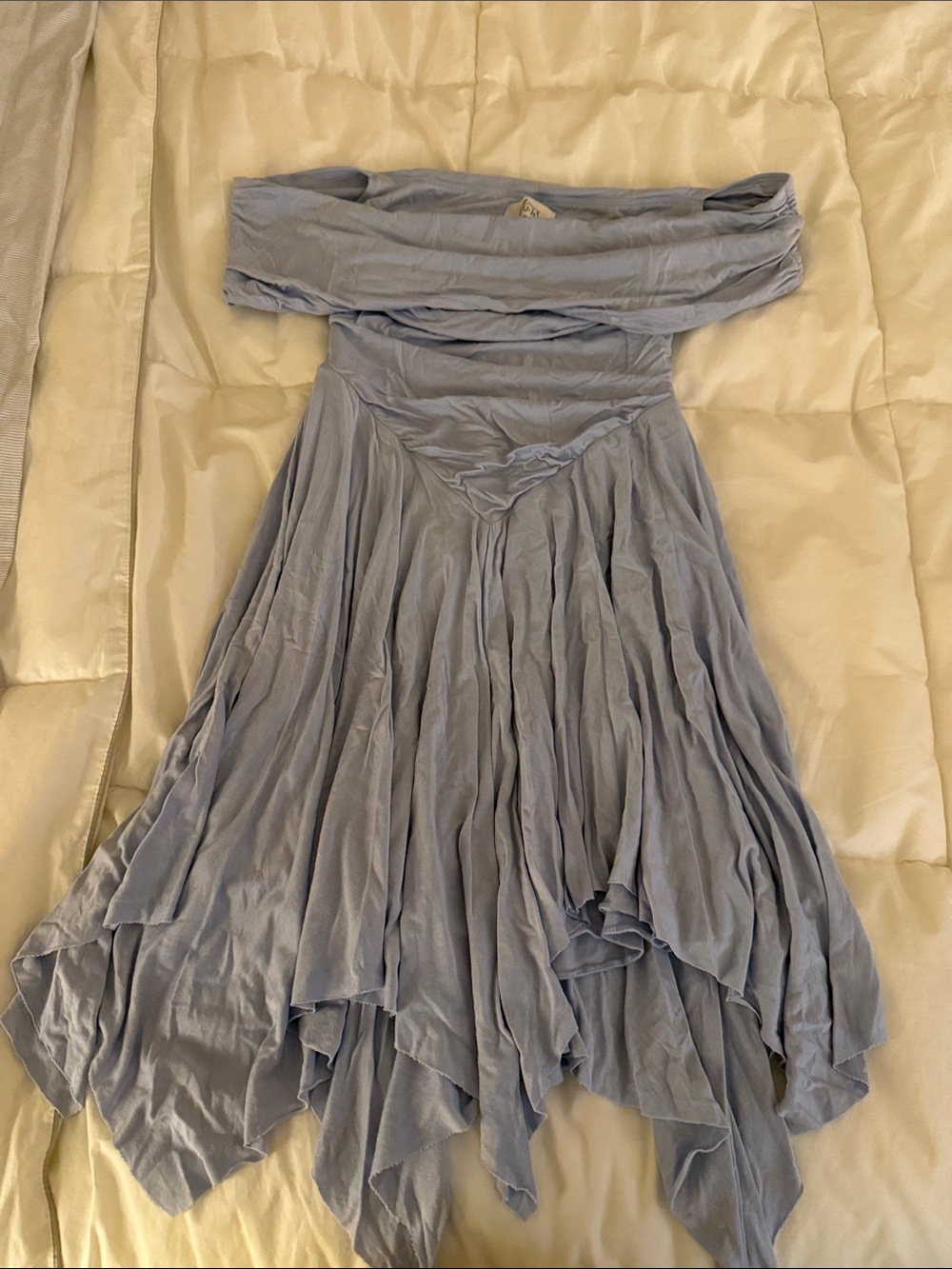Off-Shoulder Light Blue Handkerchief Hem Women's Dress